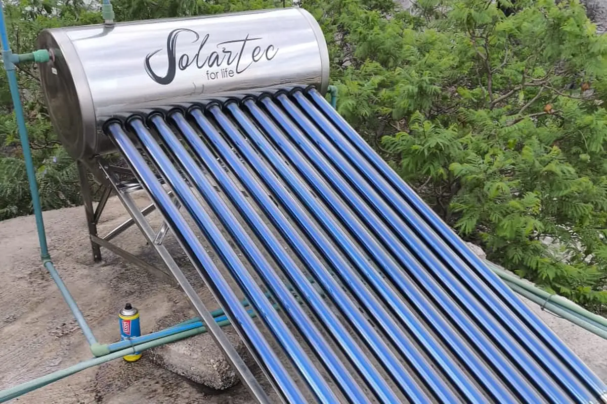 Calentador solar de tubos al vacío instalado en la azotea junto a la vegetación
